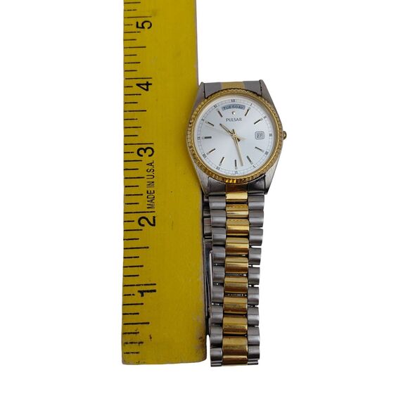 Seiko Pulsar Day Date V744-0A20 New Battery Vtg Working Silver & Gold Tone Japan main image 9